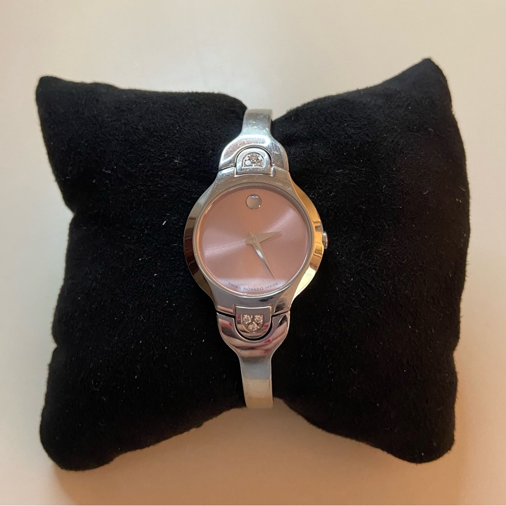 Movado Ladies bangle watch Stainless Steel silver tone w/pink face & diamonds